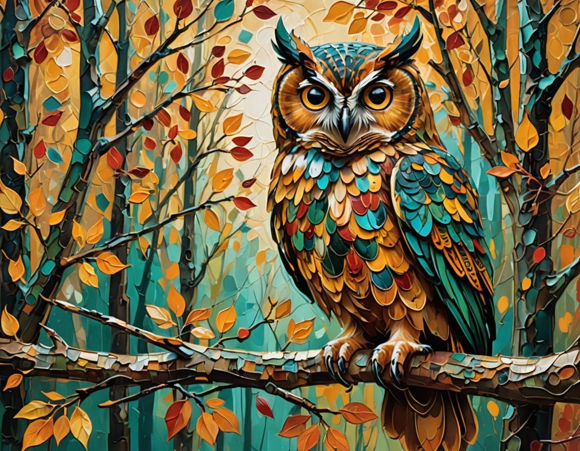 Abstract Expressionist Owl in Autumn Forest