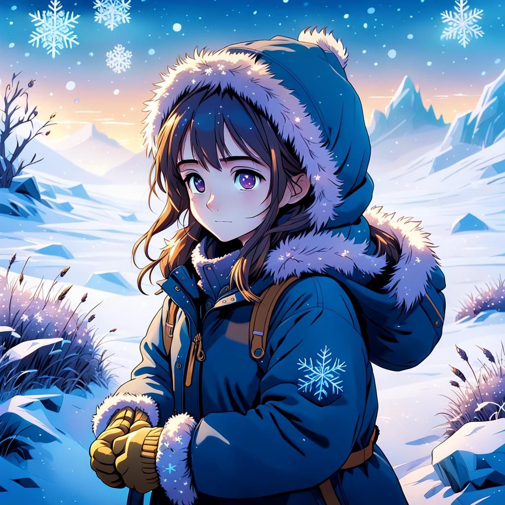 Anime Girl Exploring Icy Tundra in Studio Trigger Style