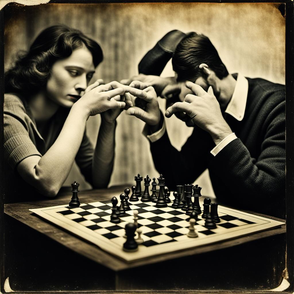 Chess Match Between Lovers in Vintage Polaroid