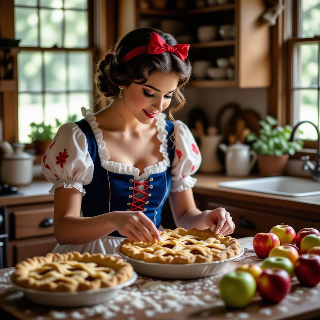 Snow White Baking Apple Pie with Bokeh Effect