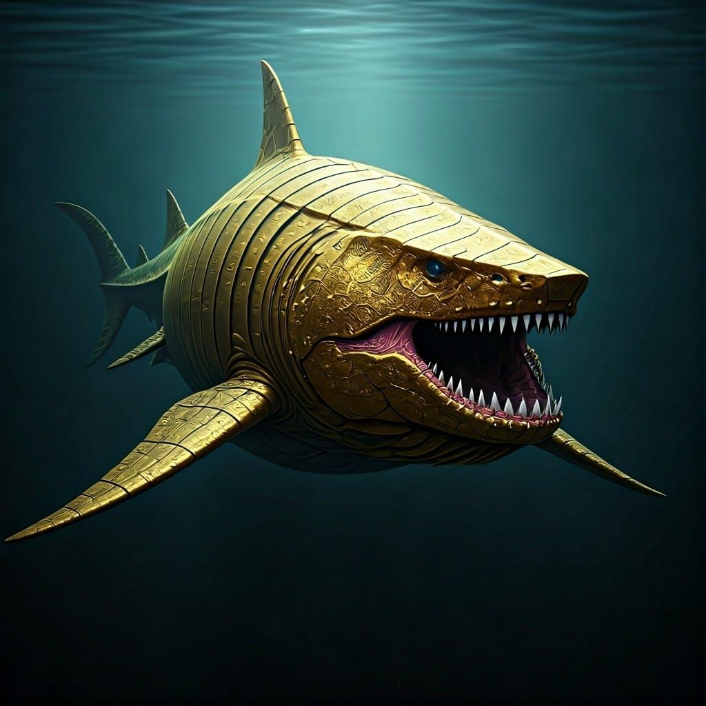 Golden Armored Megalodon in Eerie Biomechanical Haze