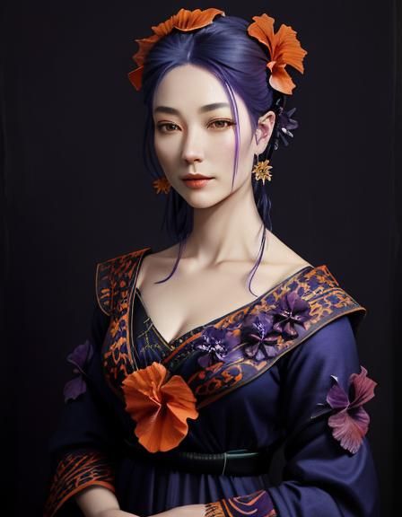 Indigo Woman Portrait with Porcelain Skin and Flowers