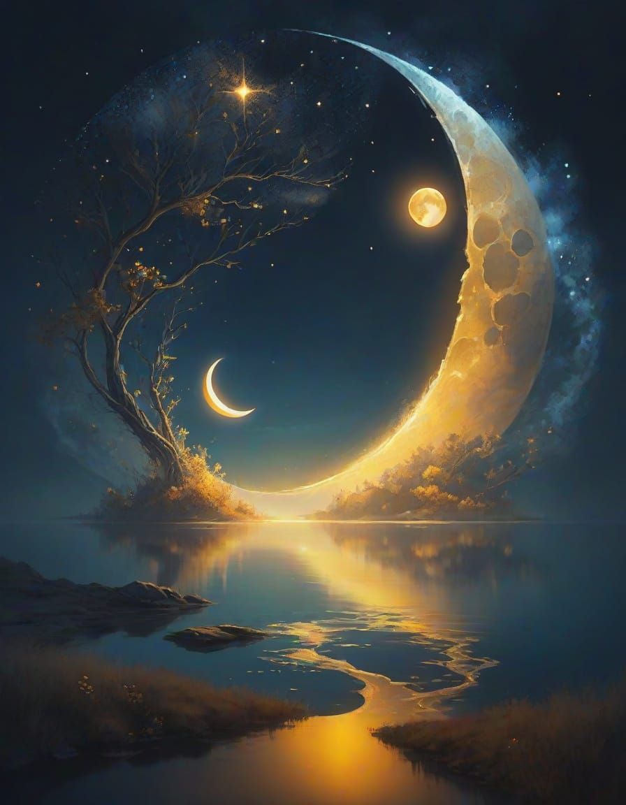 Fantasy Crescent Moon Over Water Illustration