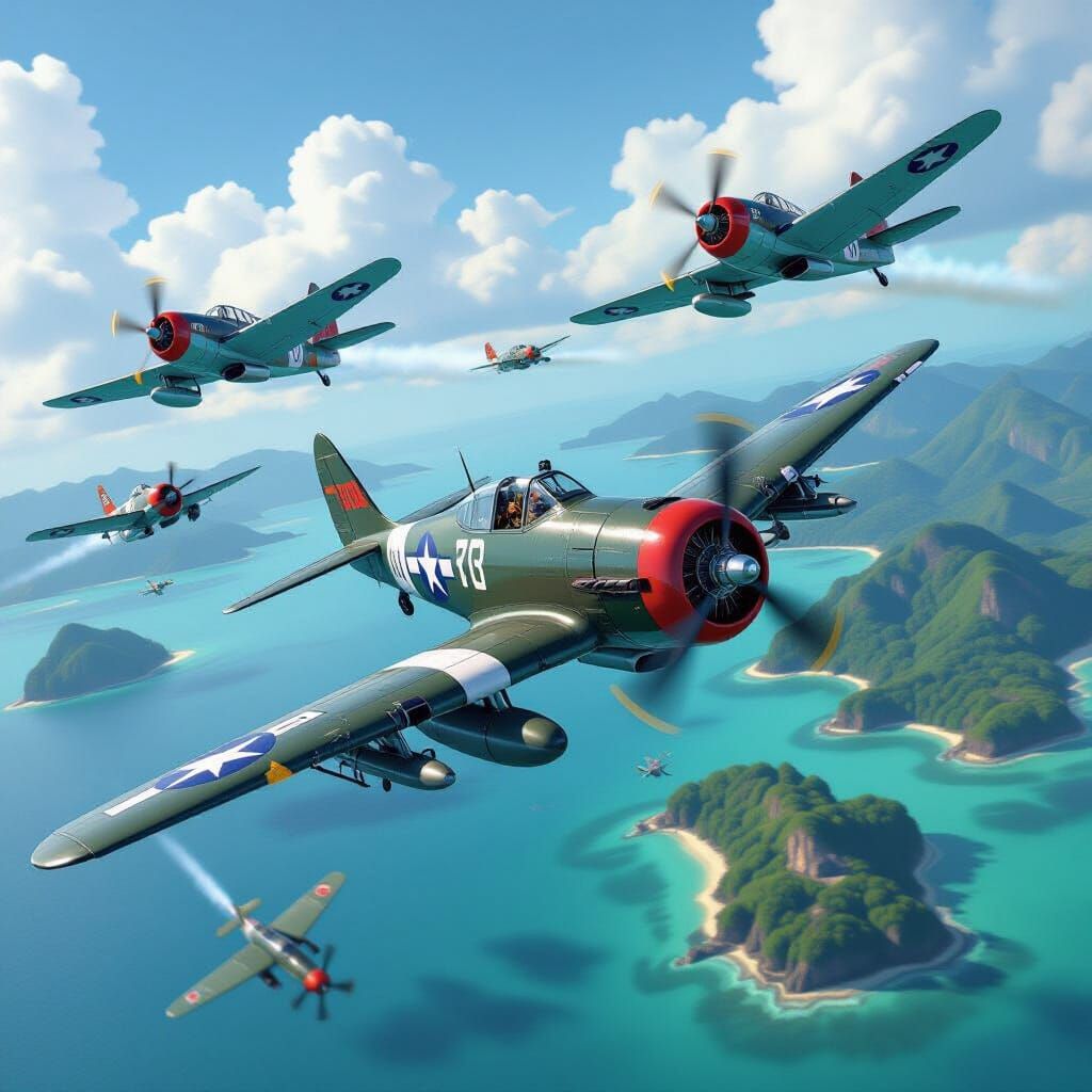 P-47s Engage Japanese Zeroes in Aerial Combat