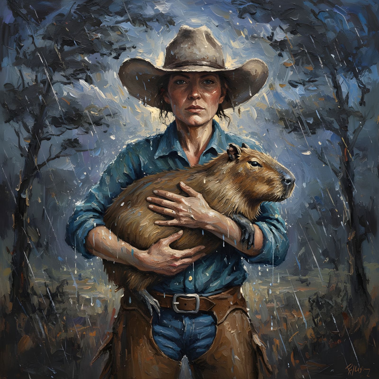 Cowgirl and Capybara in Stormy Expressionist Painting