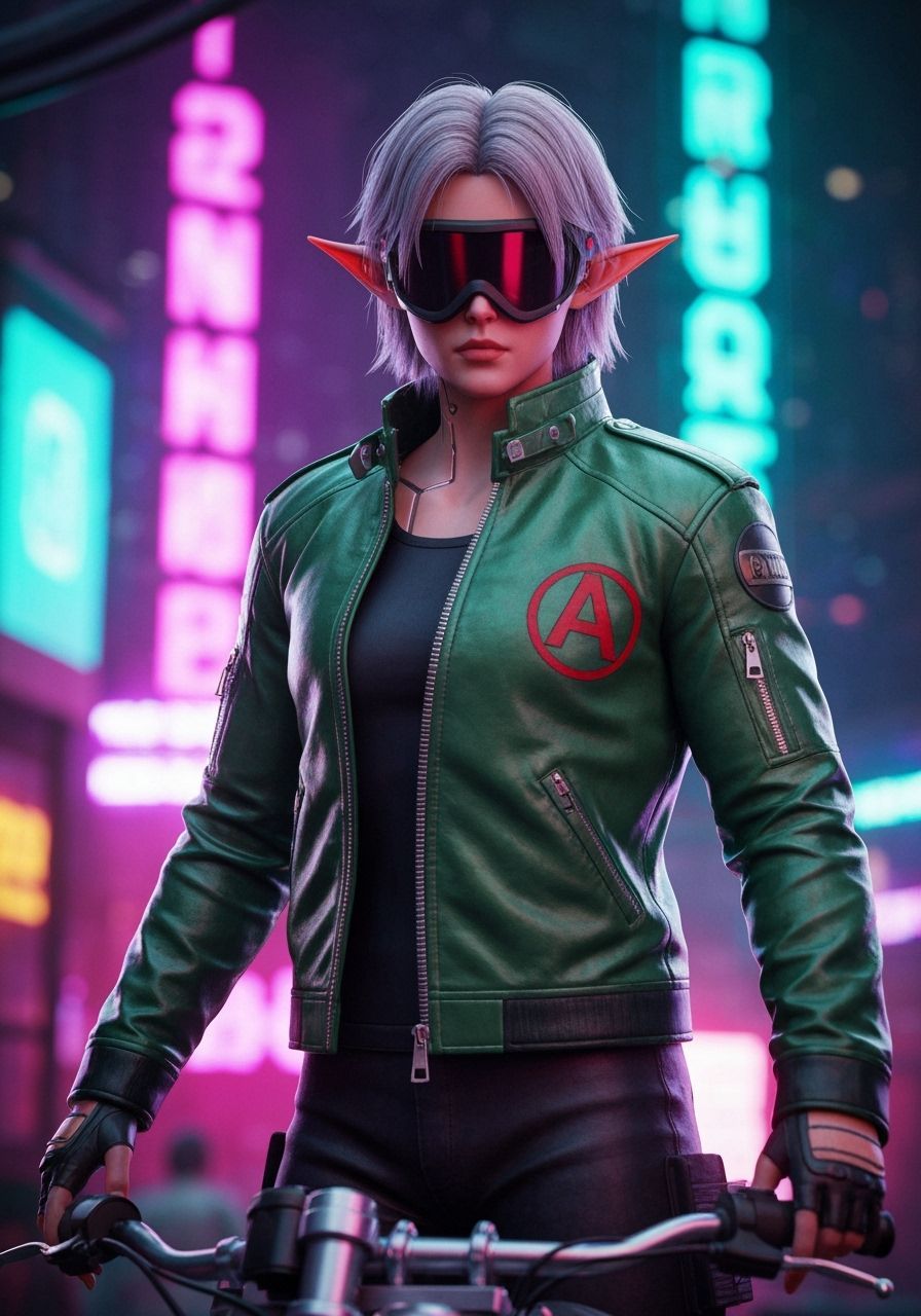 Cyberpunk Elf Biker in Neon Cityscape as 3D Anime
