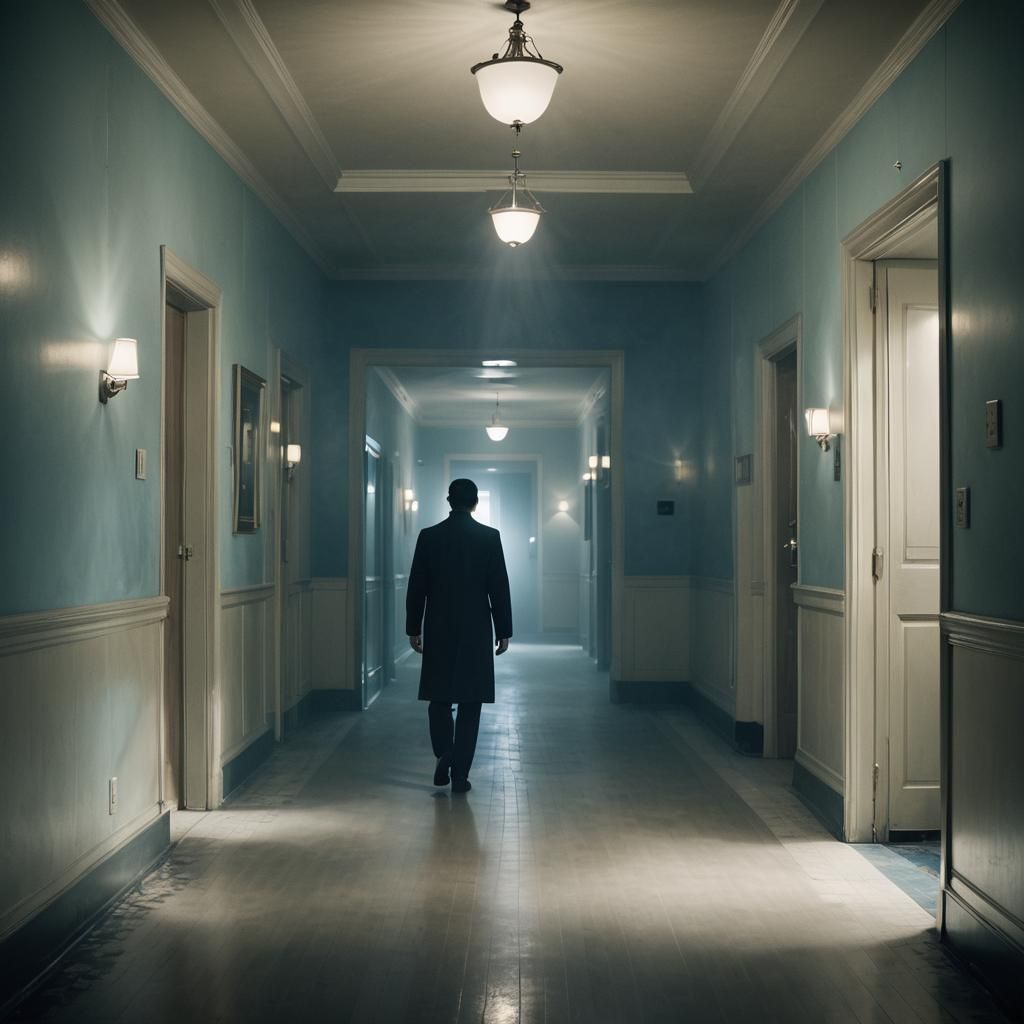 Eerie Hotel Hallway in Dim Light