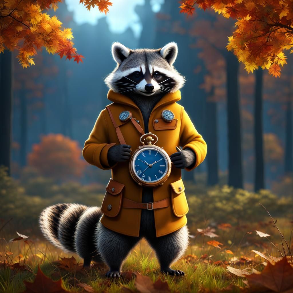 Raccoon with Watch in Autumn Pasture: Detailed Matte Paintin...