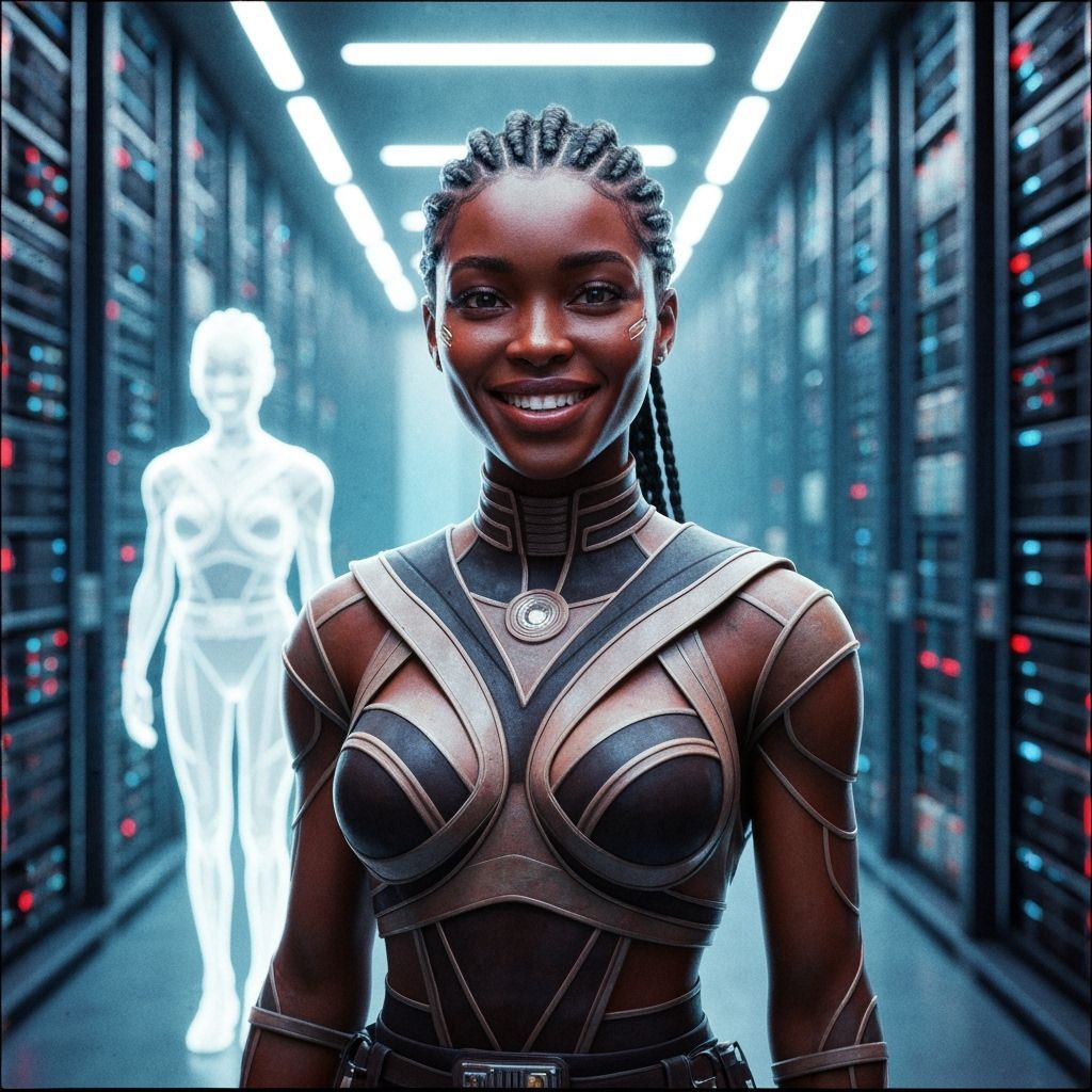 Beautiful Woman in AI Data Center in Cyberpunk Style