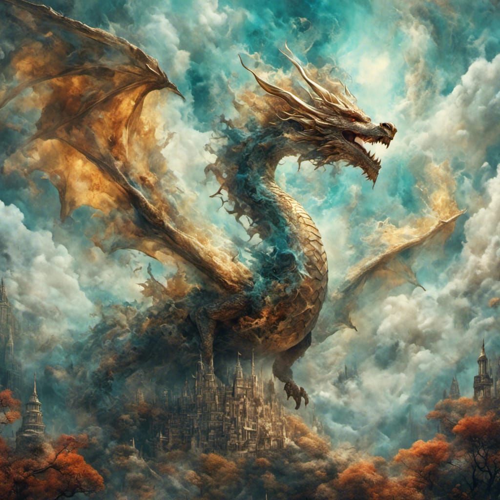 Majestic Dragon in Sky: Surrealist Oil Painting