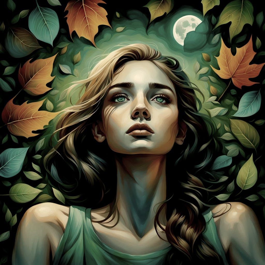 Dreamy Anime Teenager Gazing at Moonlit Leaves