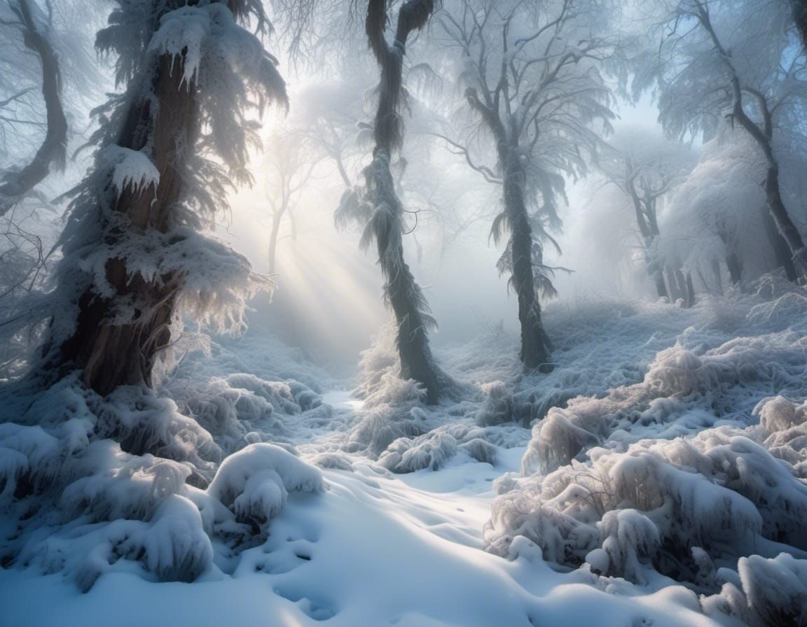Winter Trees Through Frozen Ferns in Soft Sunlight