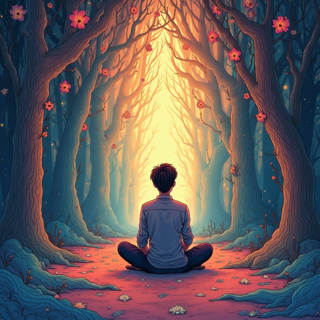 Meditative Figure Surrounded by Calming Energy