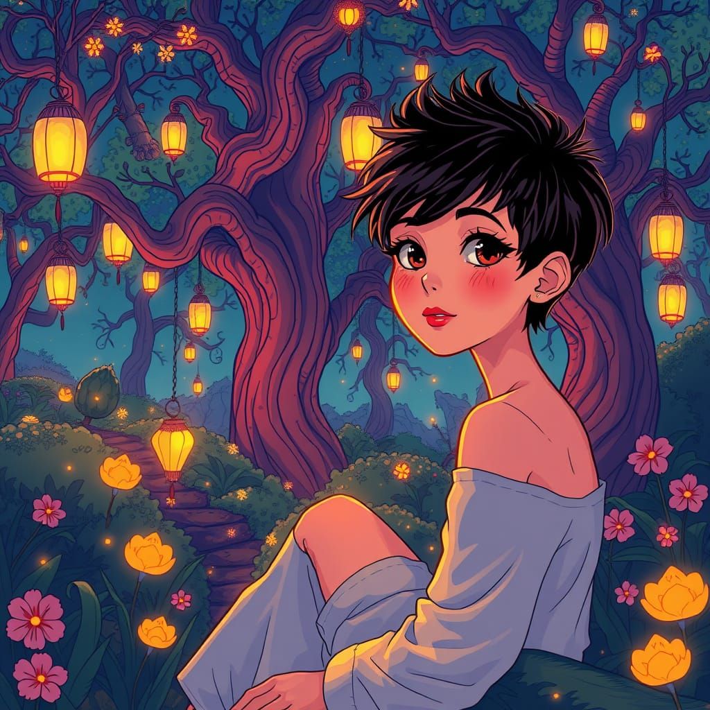 Whimsical Garden Scene in Vibrant Dreamlike Style