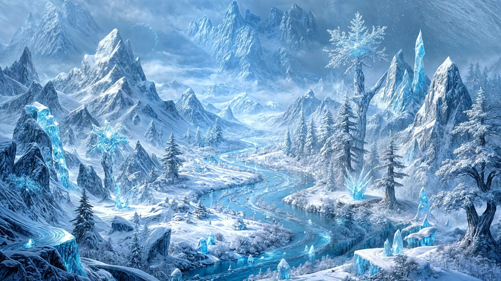 Fantasy Snowflake Landscape with Glowing Sprites