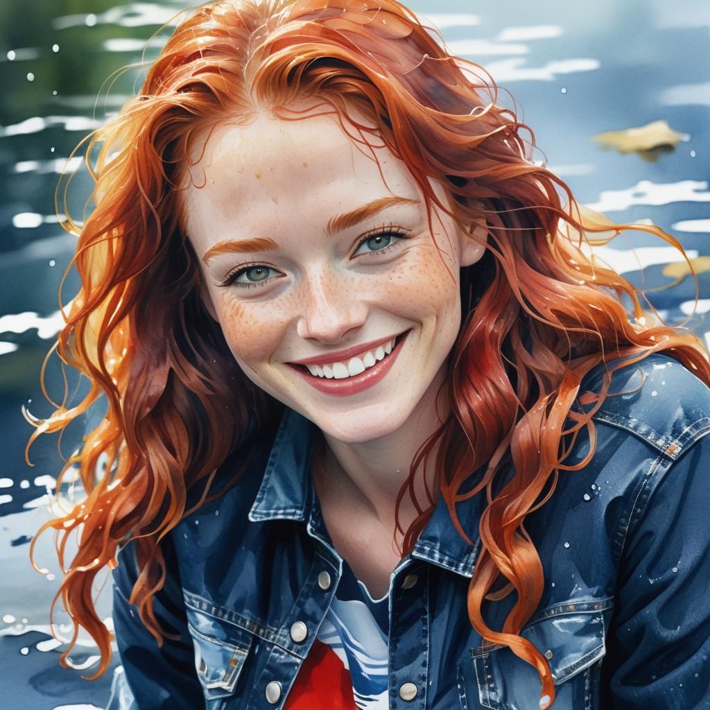 Watercolor Portrait of a Wet Ginger Girl in Lake