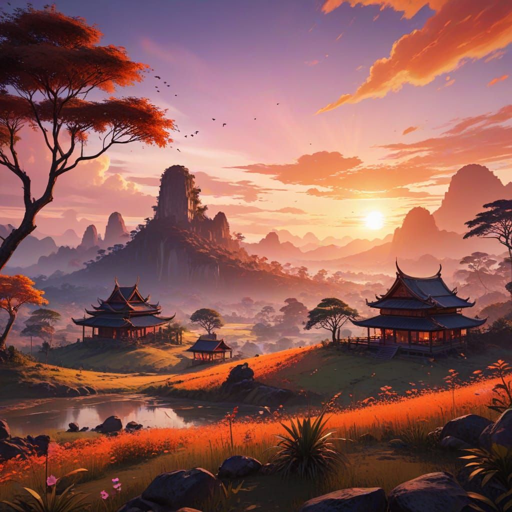 Anime Sunset Over Thai Countryside: Digital Watercolor Sketc...