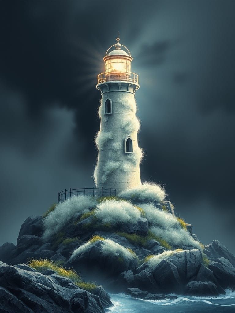 Dreamy Lighthouse in Whispers of White Moss