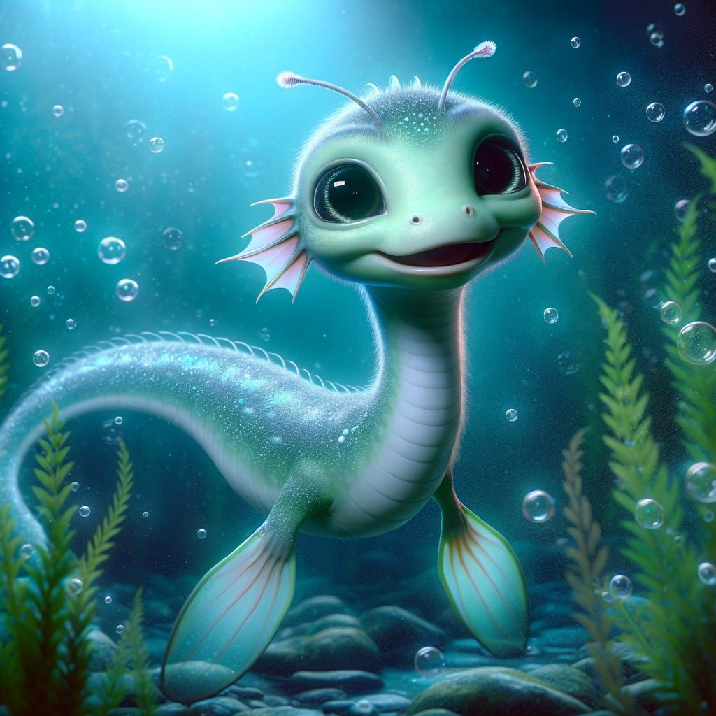 Adorable Baby Nessie with Big Eyes in Aquatic Scene