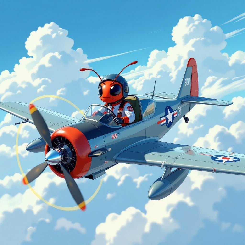 Ant Pilot Flying Airplane in Animated Style