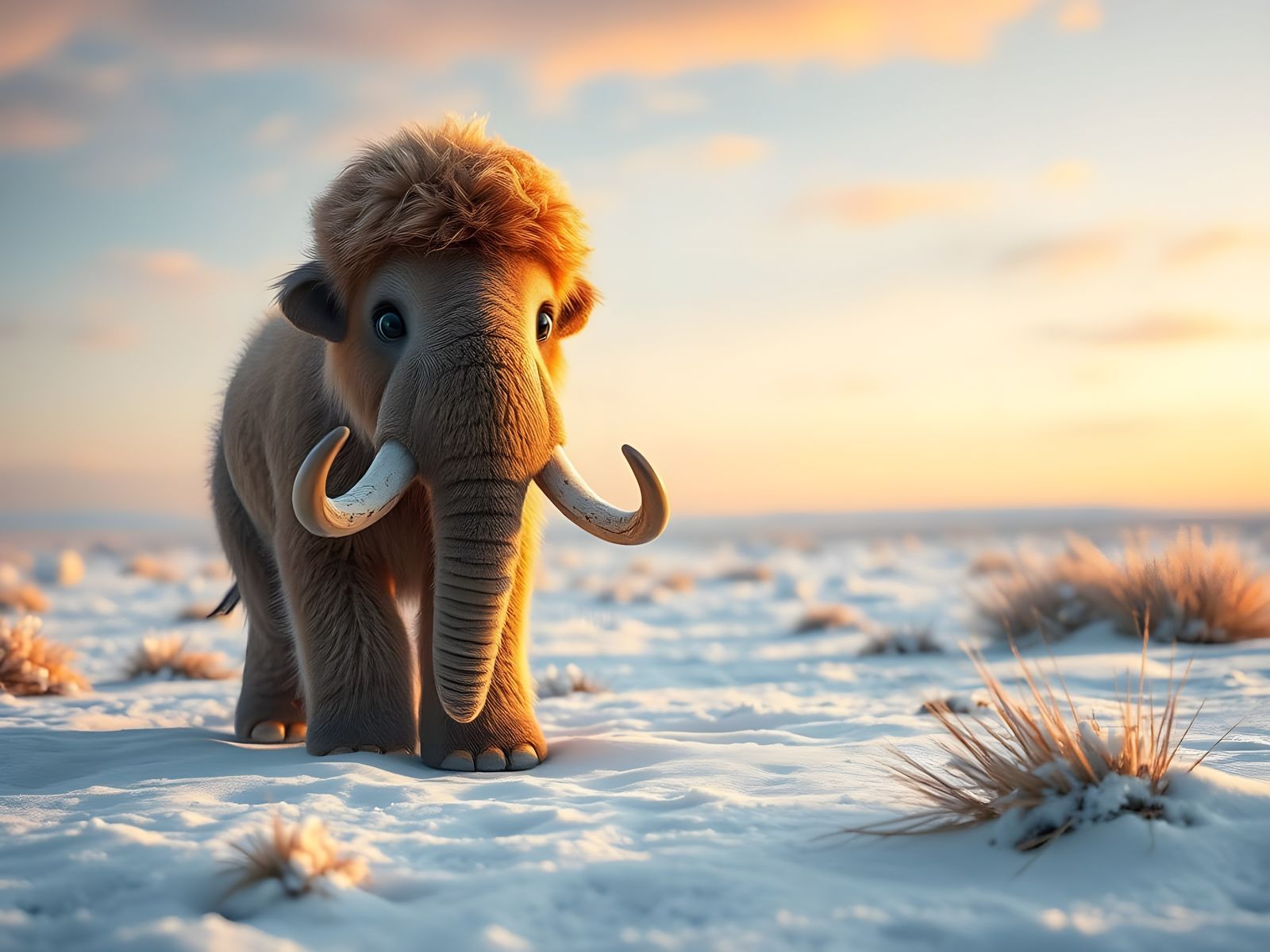 Cute Baby Woolly Mammoth in Snowy Steppe