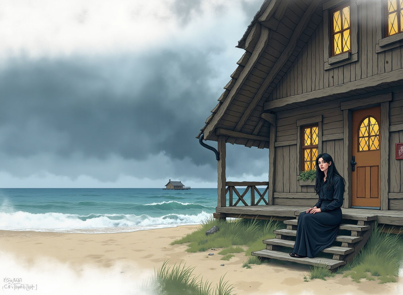 Misty Beach House Watercolor Comic Book Sketch