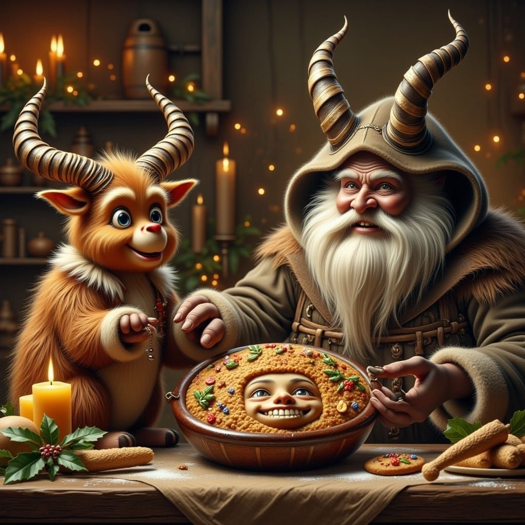 Krampus and Ruprecht Share a Christmas Cookie