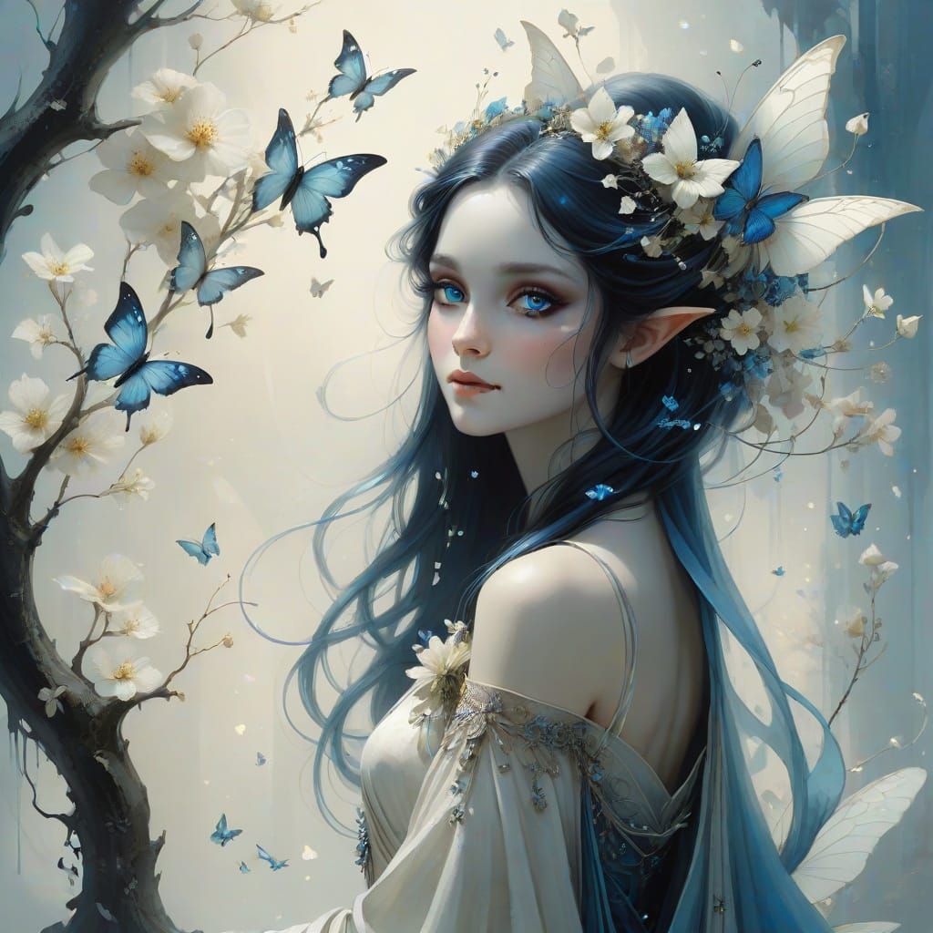 Ethereal Elf Maiden with Dark Hair and Robes