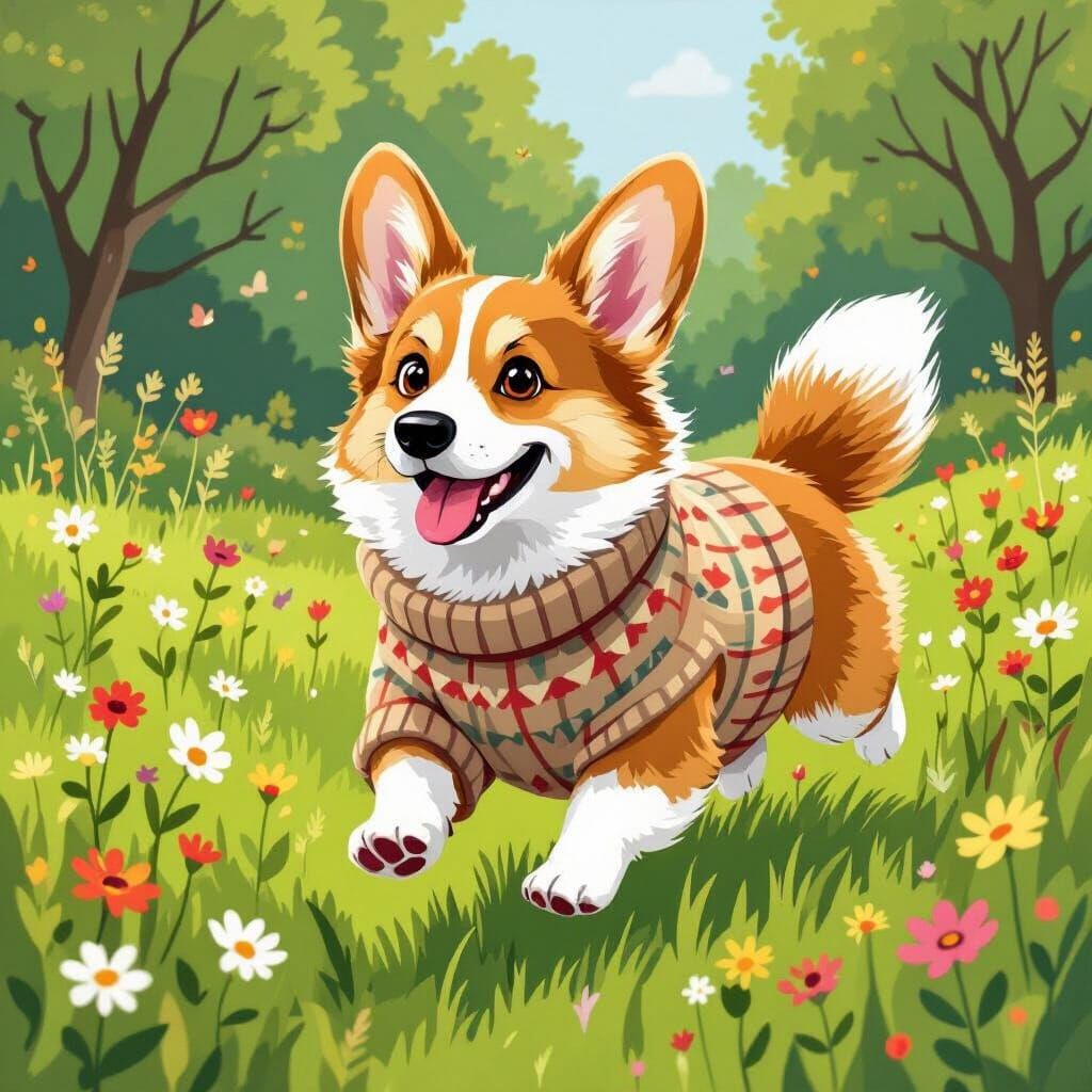 Corgi in Meadow, Beatrix Potter Style Illustration