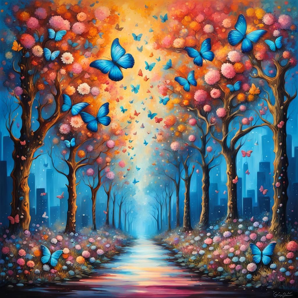 Sparkly Blue Trees with Butterflies in Graffiti Art