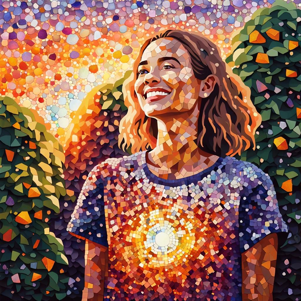 Gemstone Mosaic: Woman in Garden at Sunset