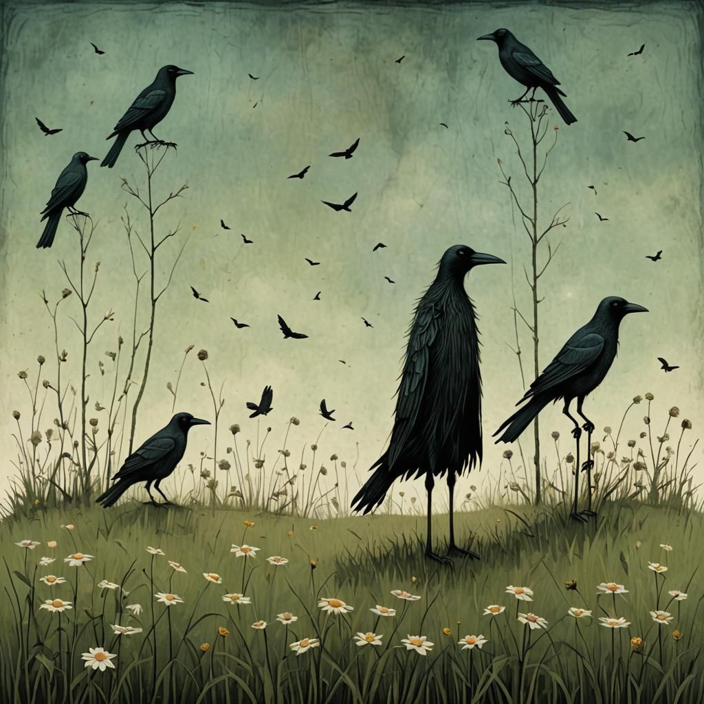 Grassy floral landcape, with very tall crows with long legs,...