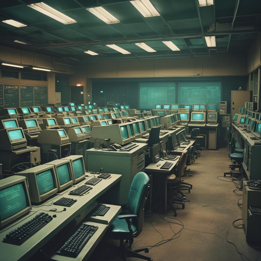 Ethereal Retro Computer Lab with Glowing Terminals