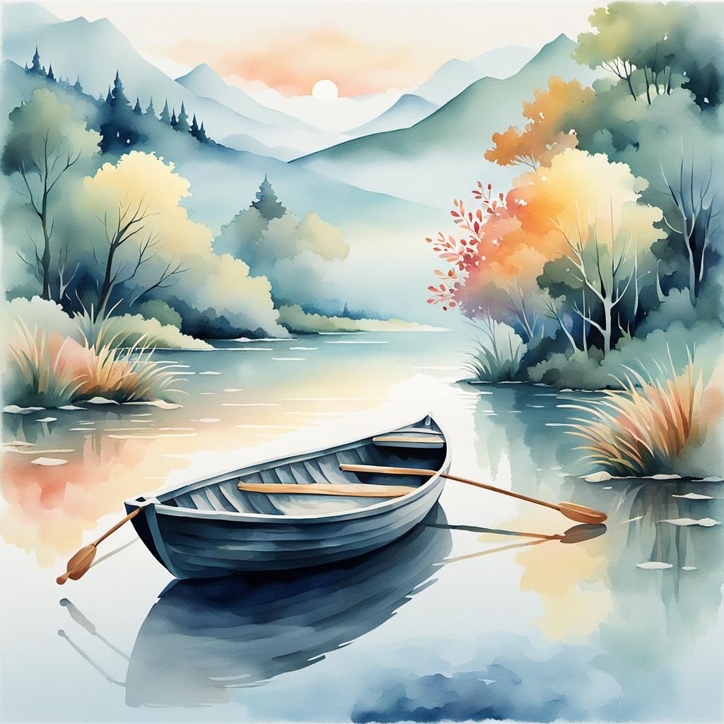 French Landscape with River in Watercolor Style