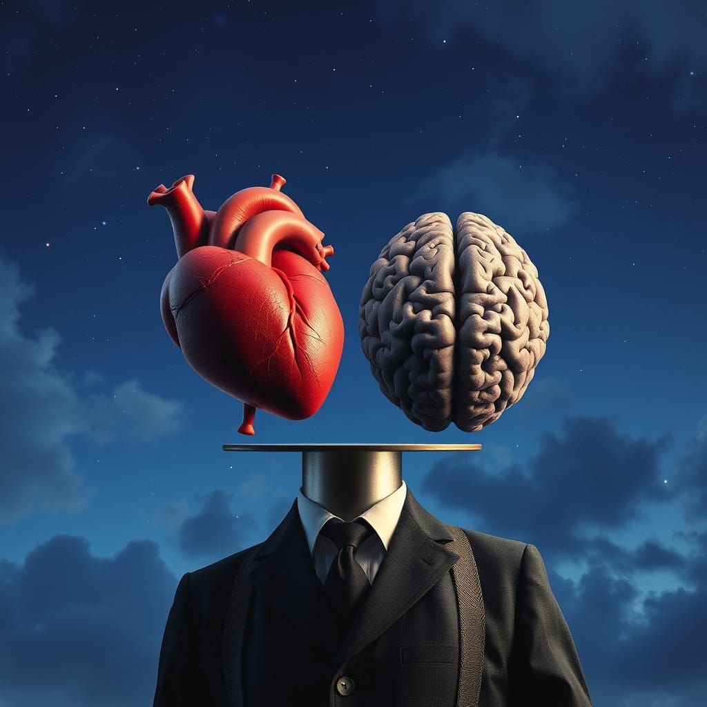 Man Balances Between Heart and Brain in a Night Sky
