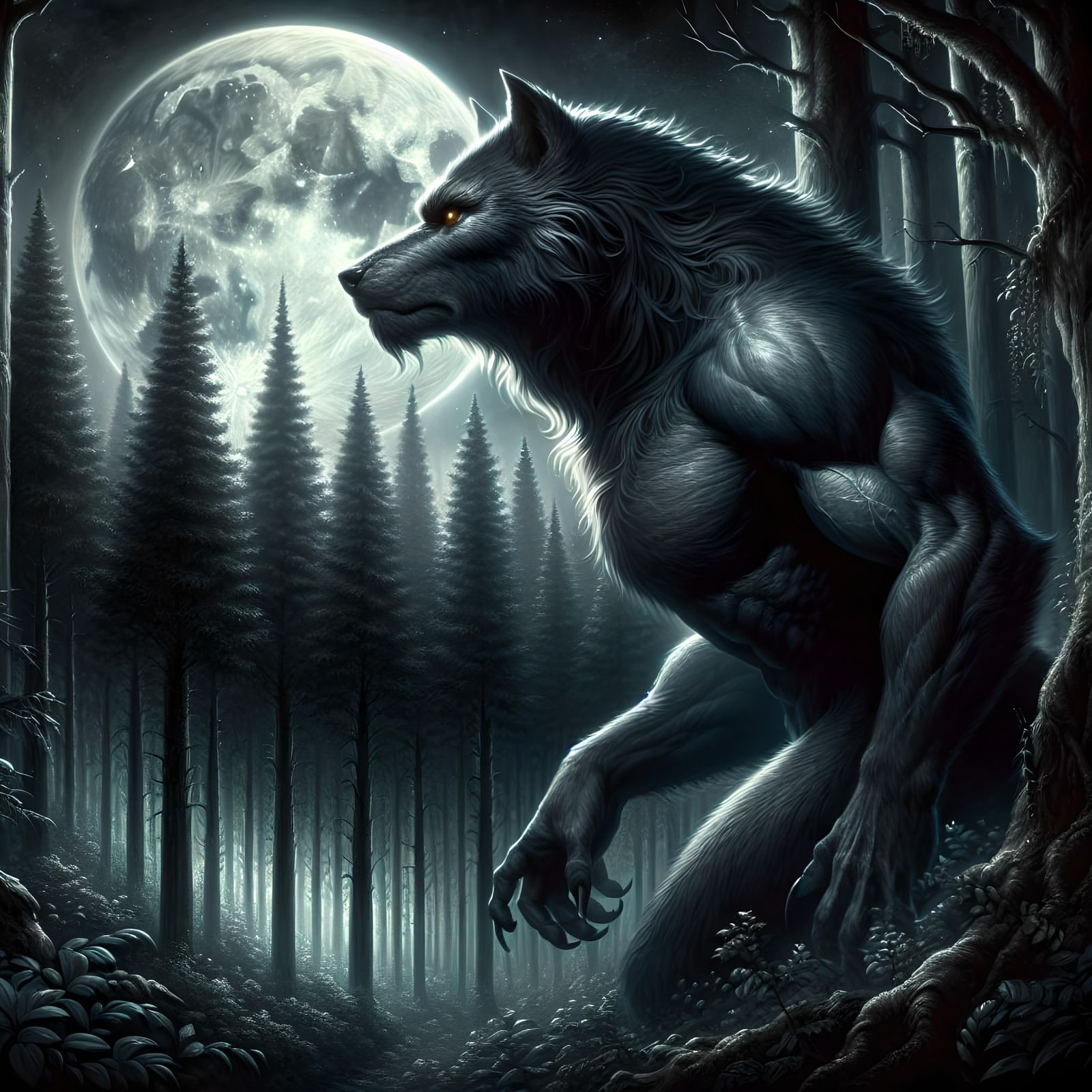 Werewolf in Moonlit Forest: Detailed Oil Painting
