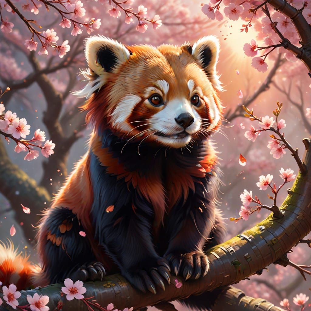 Red Panda in Cherry Blossom Tree, Digital Painting