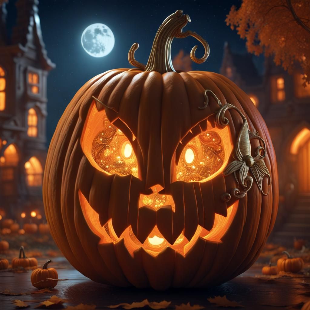 Intricately Carved Pumpkin City with Dancing Fairy