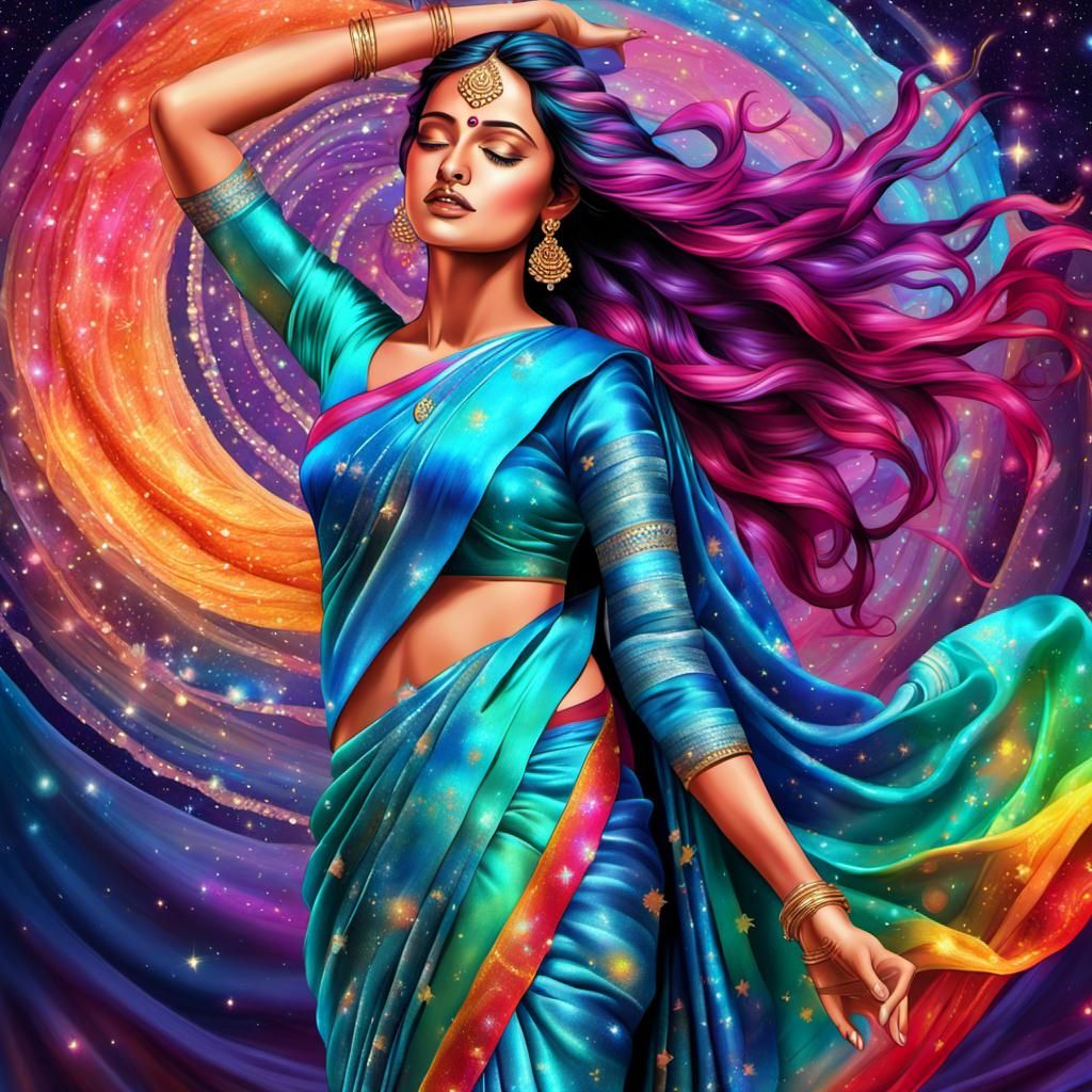 Indian Woman in Saree, Holographic Astral Illustration