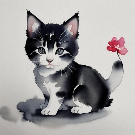 Kitten and Flower in Chinese Ink Style
