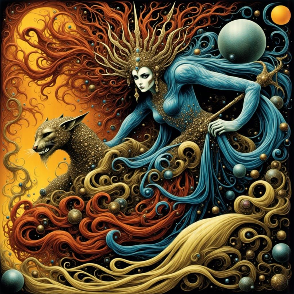 Whimsical Feline Folklore in a Dreamlike Atmosphere