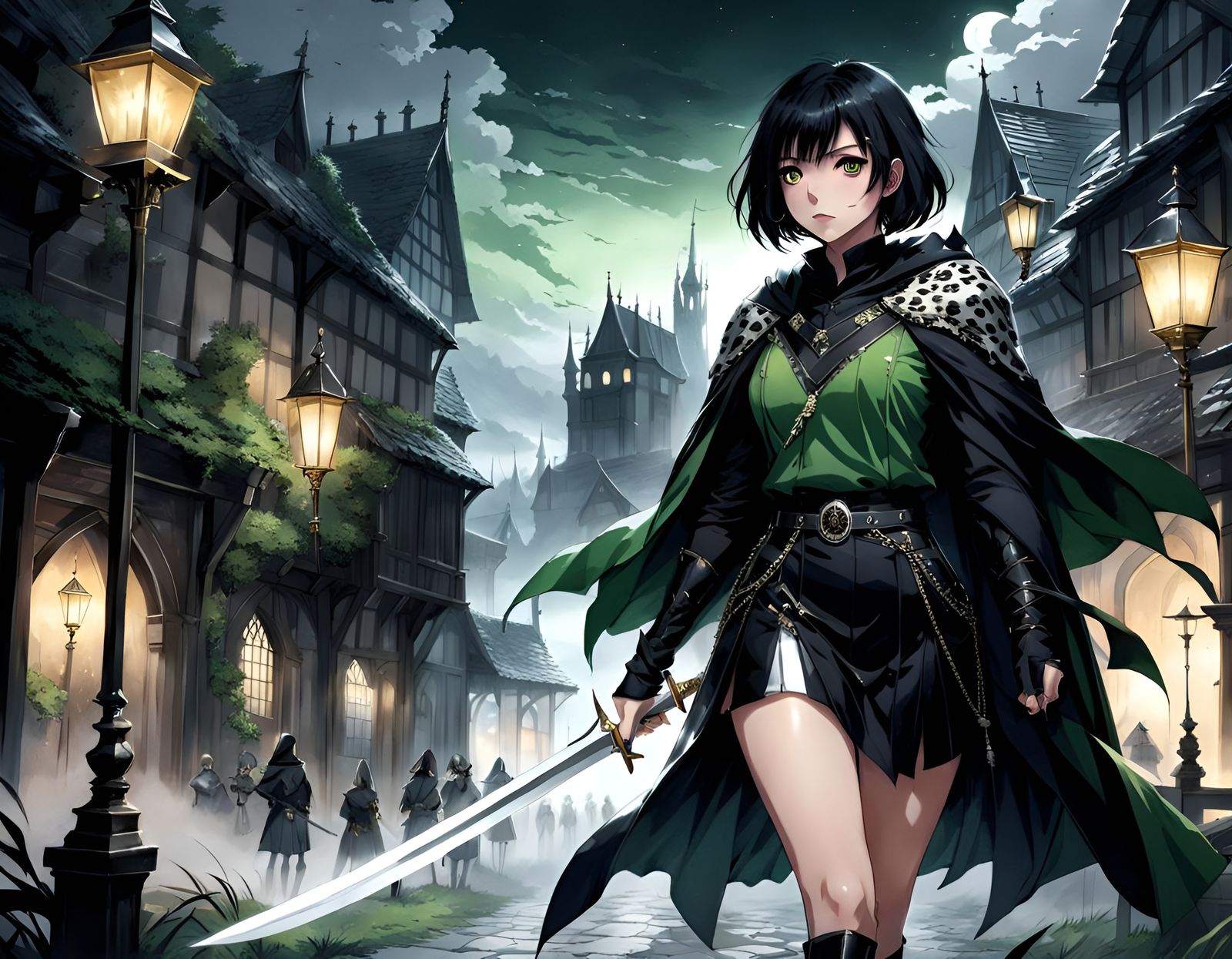 Fantasy Swordswoman in Foggy Medieval Town