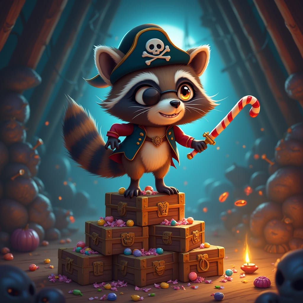 Raccoon Pirate Captain Balances on Candy Treasure Chests
