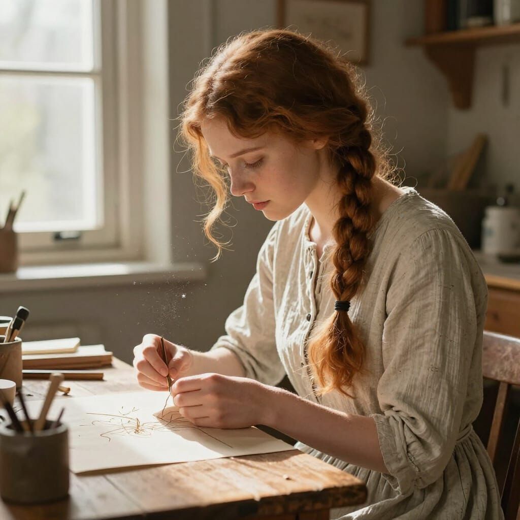 Woman Crafting at Workbench in Gentle Illustrative Style