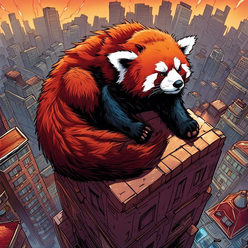Giant Red Panda Sleeps Atop Building in Comic Art
