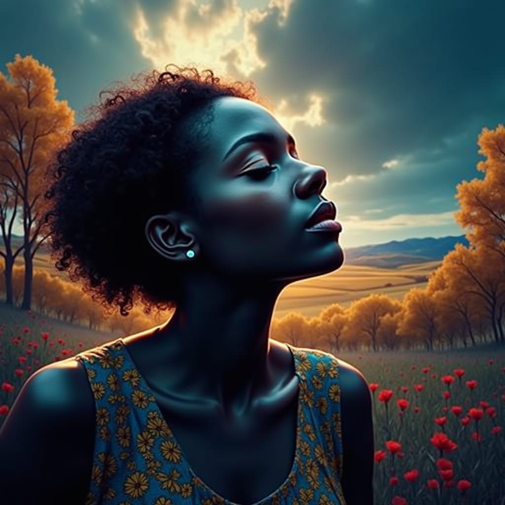 Vibrant Botanic Landscape with Gilded Trees in Bright Sunshi...