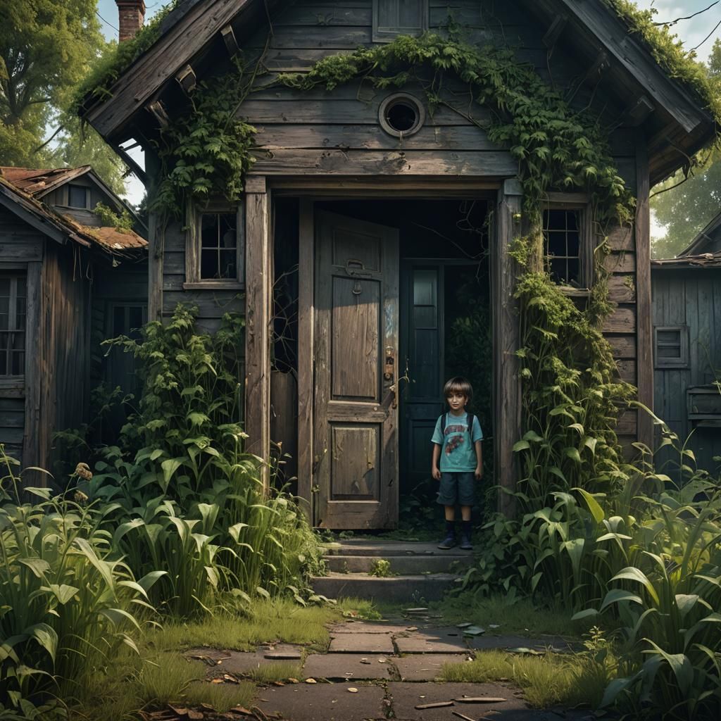 Eerie Abandoned House with Dark Creature, Matte Painting