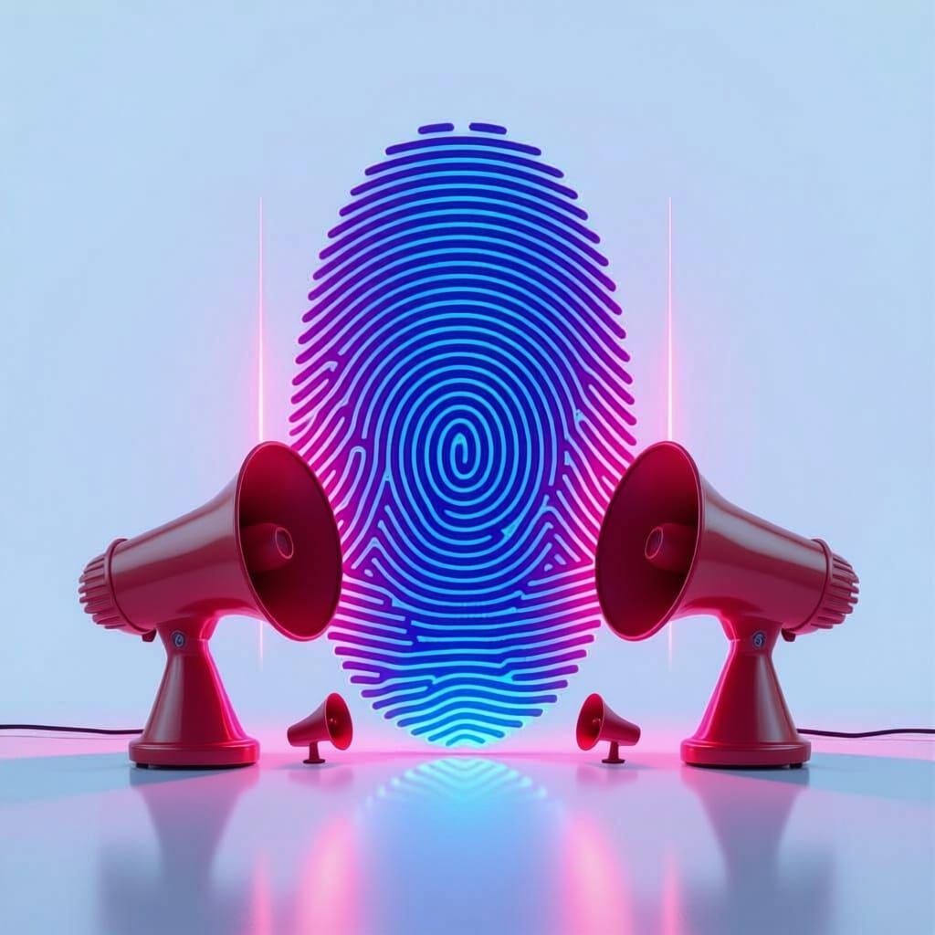 Giant Fingerprint with Red Speakers on White Background