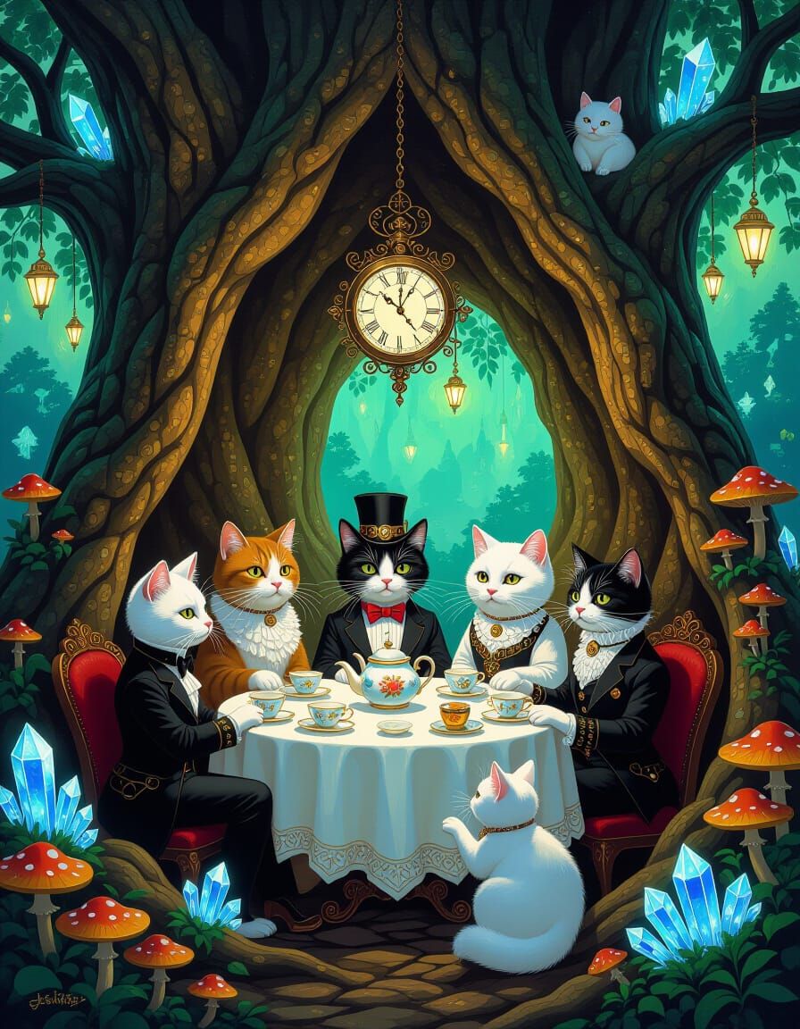 Whimsical Steampunk Tea Party in Neo-Impressionist Style