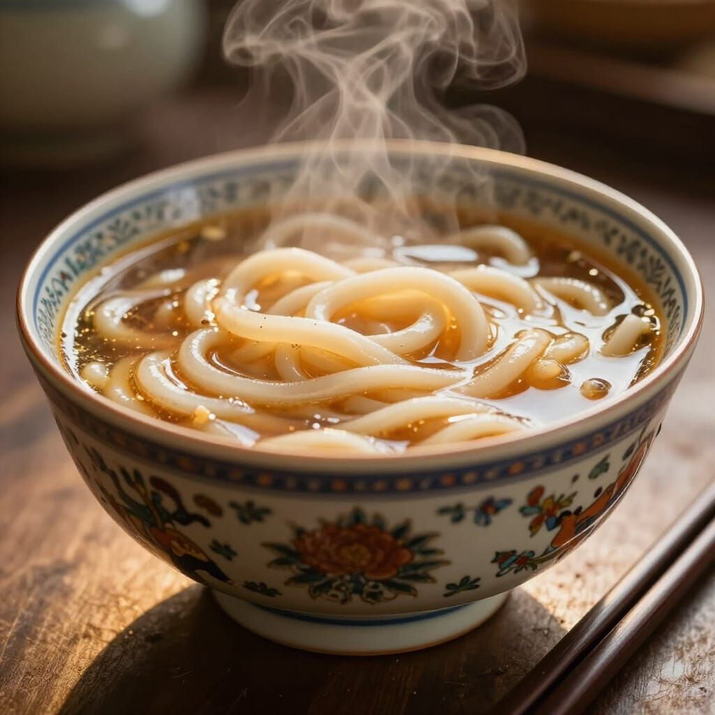 Steaming Udon Noodles in Antique Chinese Bowl